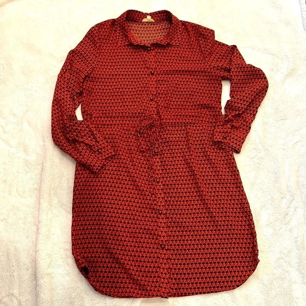 MAISON JULES Long Sleeve Tie Waist Dress in Orange/Navy Pattern Size Medium